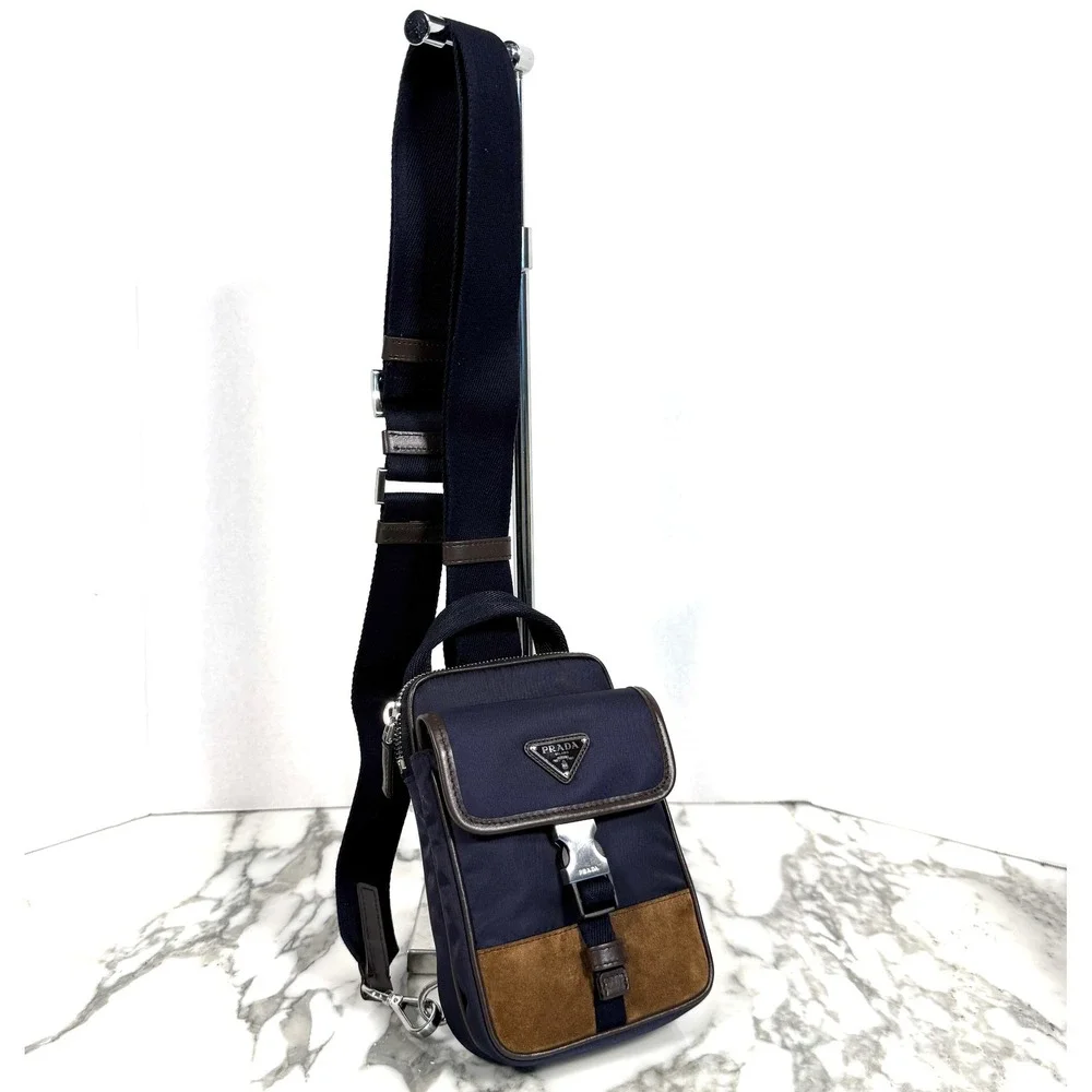 Prada Re-Nylon Leather Smartphone Case Shoulder Bag 2ZH194 Blu Caffe Navy Brown